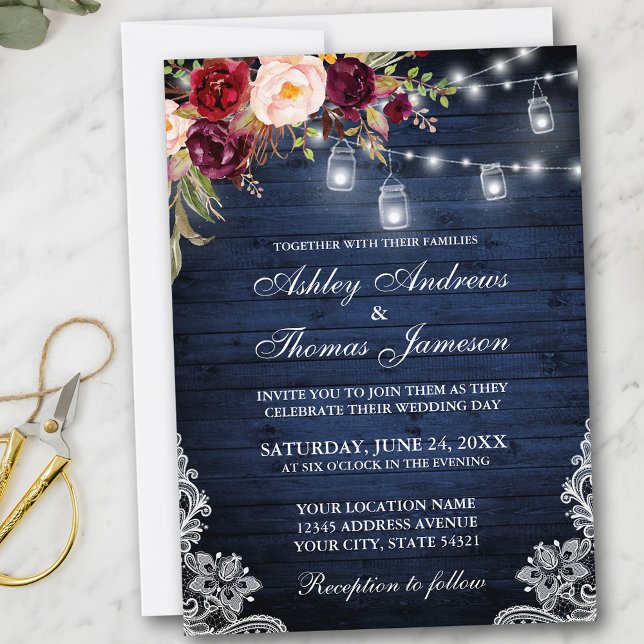 Rustic Wedding Blue Wood Lights Jars Lace Floral Invitation (Customize to add more text or photos to back of card.)