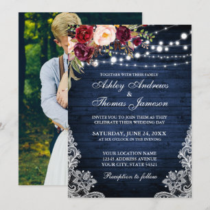 Rustic Wedding Blue Wood Lights Lace Floral Photo Invitation