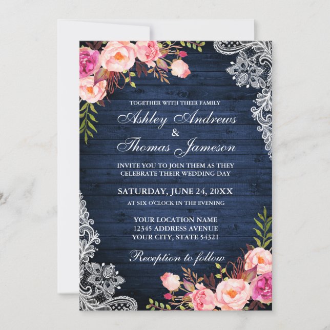 Rustic Wedding Blue Wood Pink Floral Lace Invitation (Front)