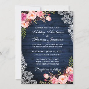 Rustic Wedding Blue Wood Pink Floral Lace Invitation