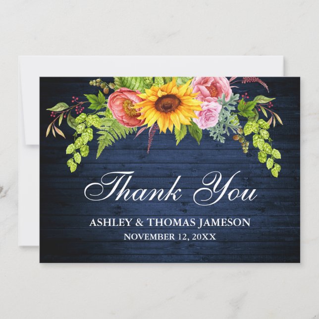Rustic Wedding Blue Wood Sunflower Floral Thank You Card (Front)