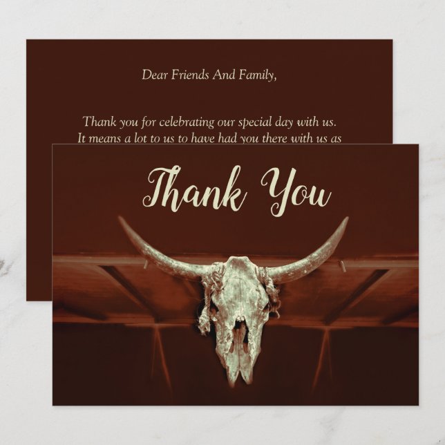 Rustic Wedding Brown Western Bull Skull Country Thank You Card (Front/Back)