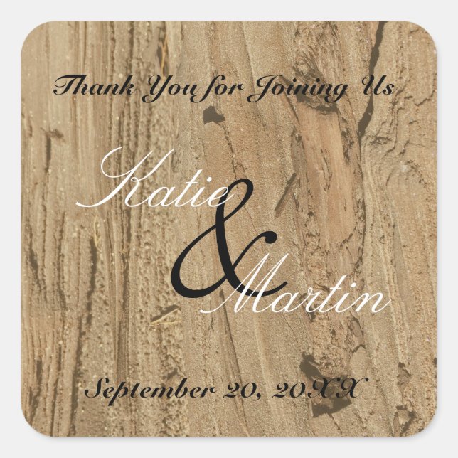 Rustic Wedding Brown Woodgrain Photo Thank You Square Sticker (Front)