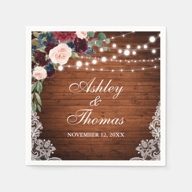 Rustic Wedding Burgundy Blue Floral Lace Napkin (Front)