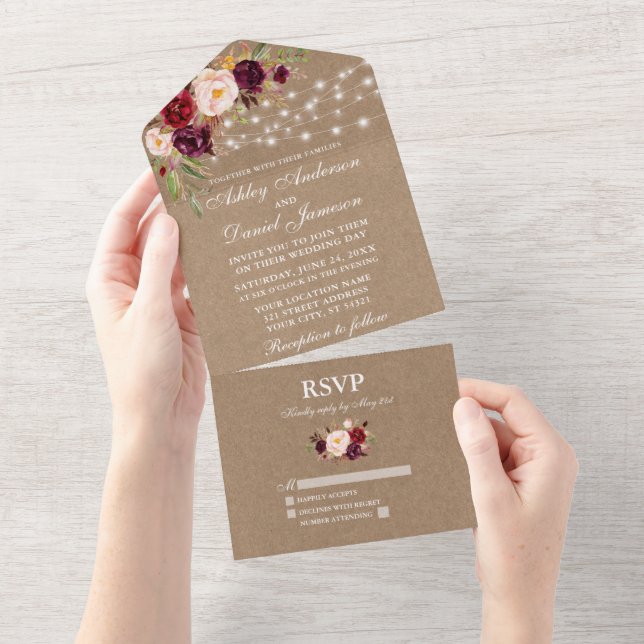 Rustic Wedding Burgundy Floral String Lights Kraft All In One Invitation (Tearaway)