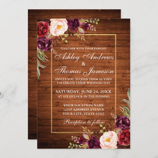 Rustic Wedding Burgundy Floral Wood Gold Invite (Front/Back)