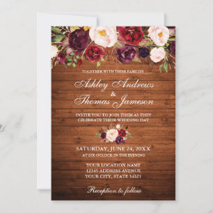Rustic Wedding Burgundy Floral Wood Invite