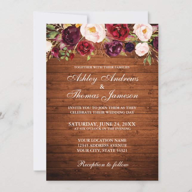 Rustic Wedding Burgundy Floral Wood Invite (Front)