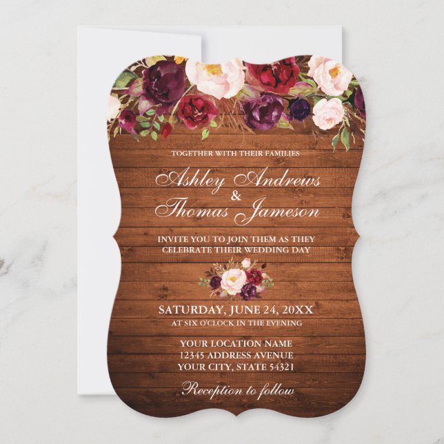 Rustic Wedding Burgundy Floral Wood Invite B (Front)