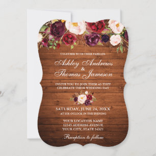 Rustic Wedding Burgundy Floral Wood Invite B