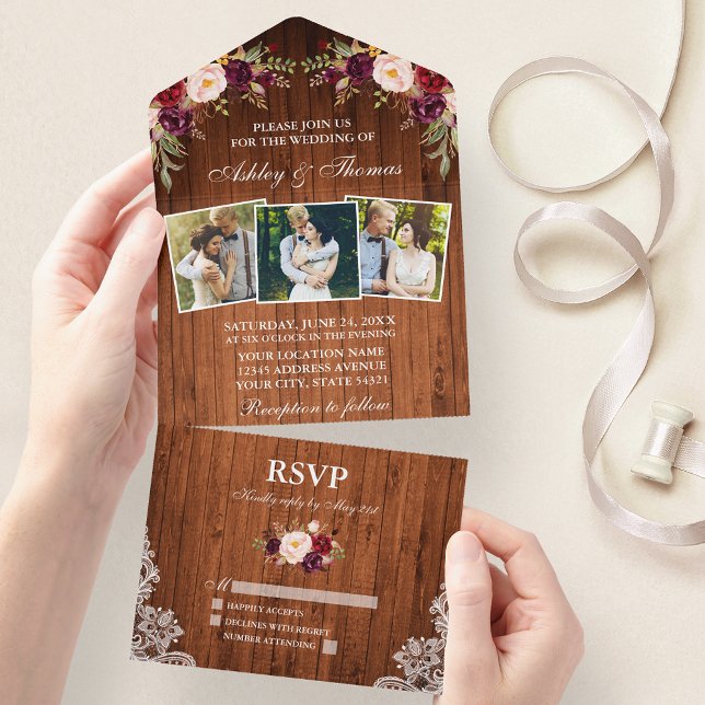 Rustic Wedding Burgundy Floral Wood Lace 3 Photo All In One Invitation (All In One Wedding Invitation with tear off RSVP Card)