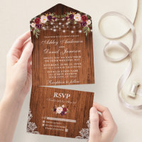 Rustic Wedding Burgundy Floral Wood Lace Lights