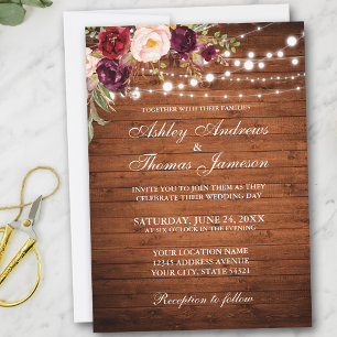 Rustic Wedding Burgundy Floral Wood Lights Invite