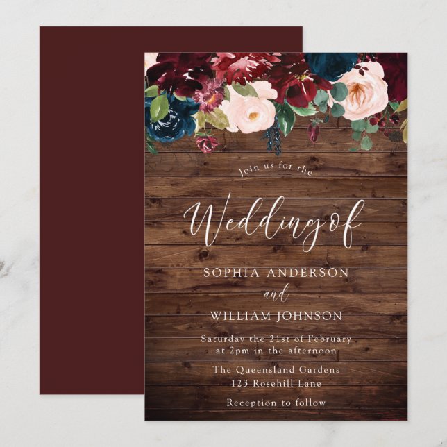 Rustic Wedding: Burgundy, Navy & Blush Flowers Invitation (Front/Back)
