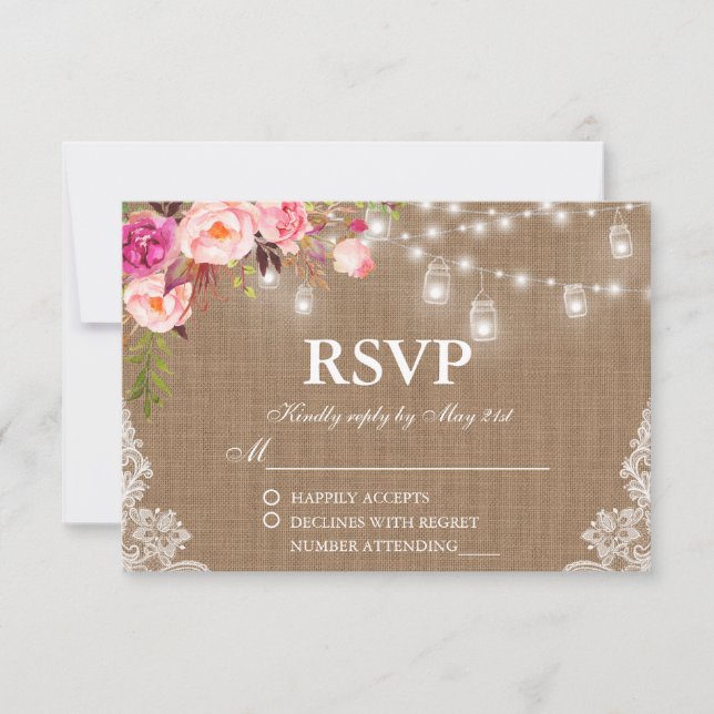 Rustic Wedding Burlap Floral Lights Jars Lace RSVP (Front)