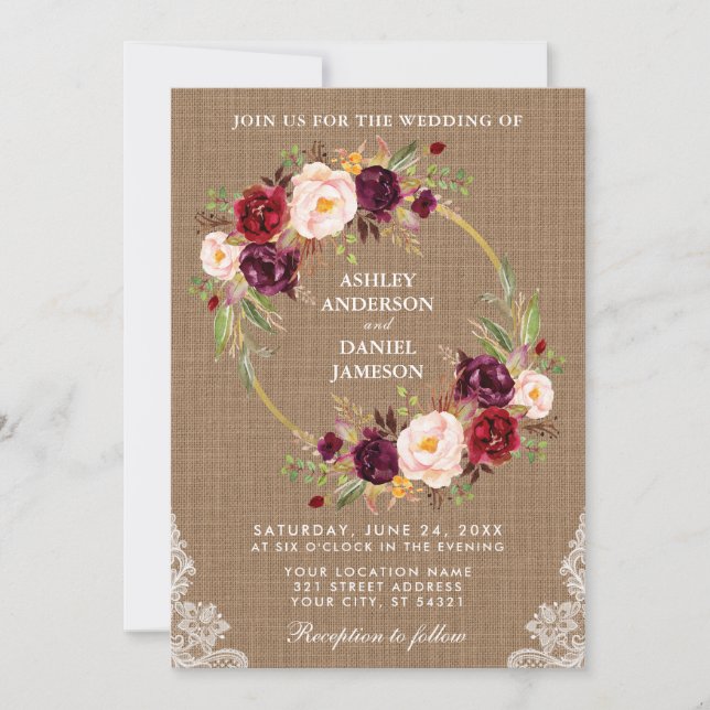 Rustic Wedding Burlap Floral Wreath Lace Invite B (Front)