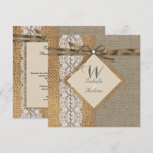 Rustic Wedding Burlap Hessian Lace Pearl Invitation