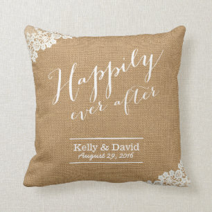 Rustic Wedding Burlap & Lace Happily Ever After Cushion
