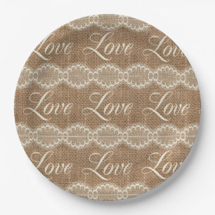Rustic Wedding Burlap Lace Love Paper Plate