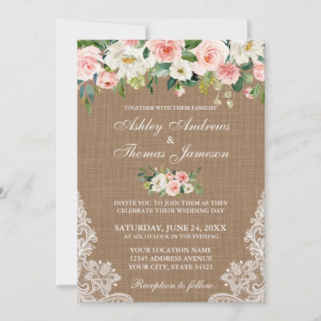 Rustic Wedding Burlap Lace Pink Floral Invite (Front)