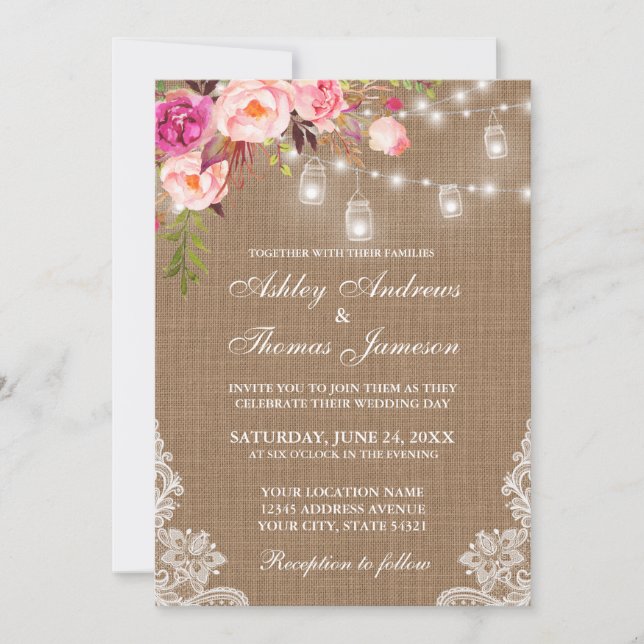 Rustic Wedding Burlap Lights Jars Lace Pink Floral Invitation (Front)