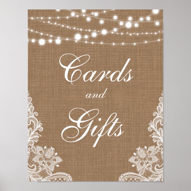 Rustic Wedding Burlap Lights Lace Cards Gifts Poster (Front)