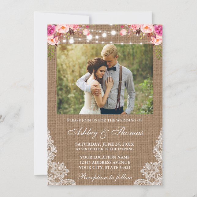 Rustic Wedding Burlap Lights Lace Floral Photo Invitation (Front)