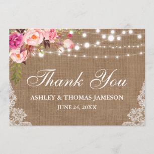 Rustic Wedding Burlap Lights Lace Floral Thanks Thank You Card