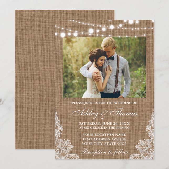 Rustic Wedding Burlap Lights Lace Photo Invitation (Front/Back)