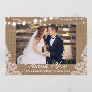 Rustic Wedding Burlap Lights Lace Photo Thank You Card