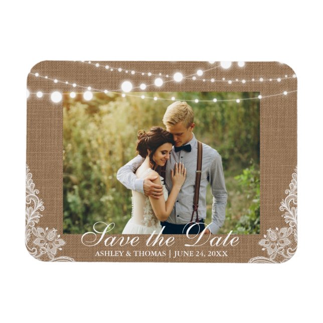 Rustic Wedding Burlap Lights Lace Save the Date Magnet (Horizontal)
