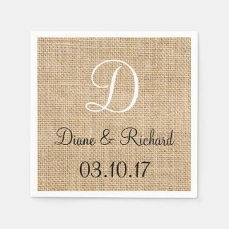 Rustic Wedding Burlap Name Date Monogram Napkin