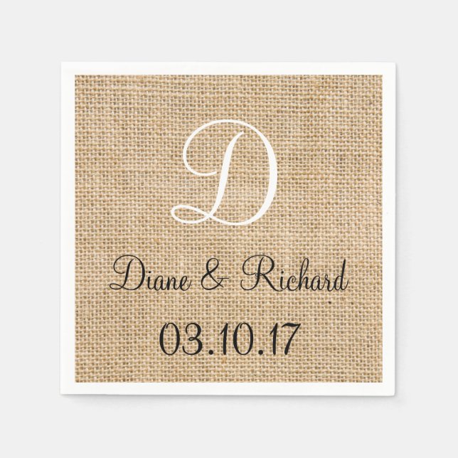 Rustic Wedding Burlap Name Date Monogram Napkin (Front)
