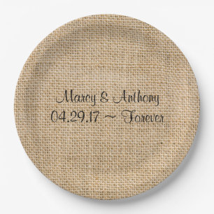 Rustic Wedding Burlap Personalised Names Date Paper Plate