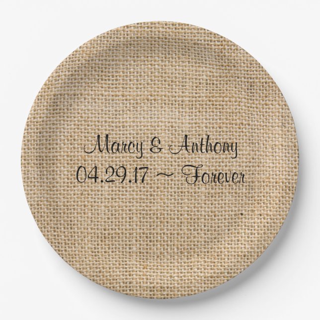 Rustic Wedding Burlap Personalised Names Date Paper Plate (Front)
