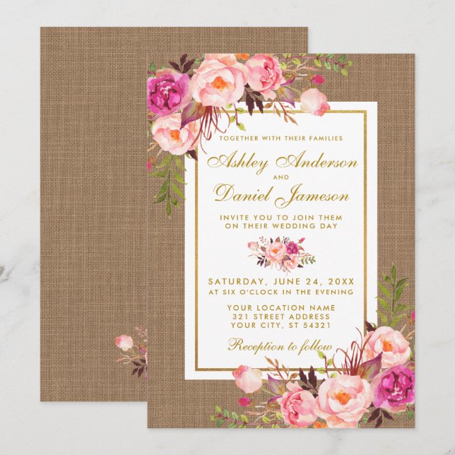 Rustic Wedding Burlap Pink Floral Wedding Invite (Front/Back)