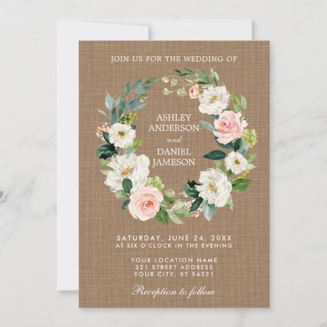 Rustic Wedding Burlap Pink White Floral Wreath Invitation (Front)