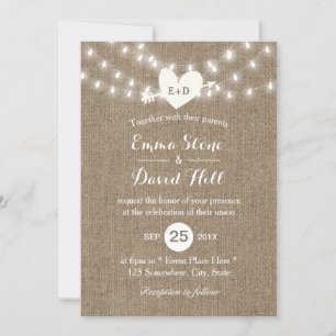 Rustic Wedding Burlap String Lights Arrow & Heart Invitation