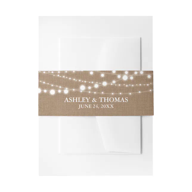 Rustic Wedding Burlap String Lights Invitation Belly Band | Zazzle