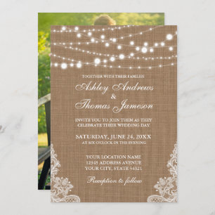 Rustic Wedding Burlap String Lights Lace Invite P
