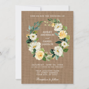Rustic Wedding Burlap Yellow White Floral Wreath Invitation