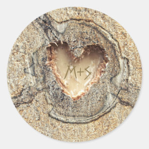 Rustic Wedding Carved Wood Heart Classic Round Sticker