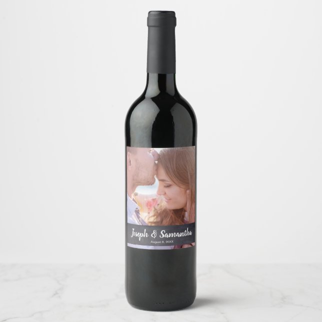 Rustic Wedding Chalkboard Etching Script Photo Wine Label (Front)