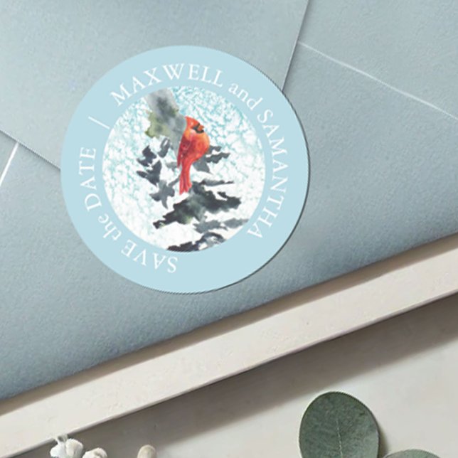 Rustic Wedding Christmas Classic Round Sticker (Envelope seal watercolor winter snow and pine trees with cardinal save the date personalized)