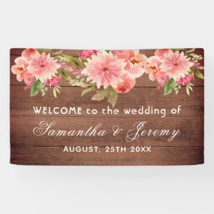 Rustic wedding coral dahlia flowers brown wall banner