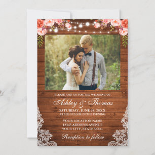 Rustic Wedding Coral Floral Wood Lights Lace Photo Invitation