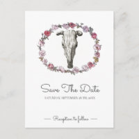 Rustic Wedding Cow Skull Pink Roses Save The Date