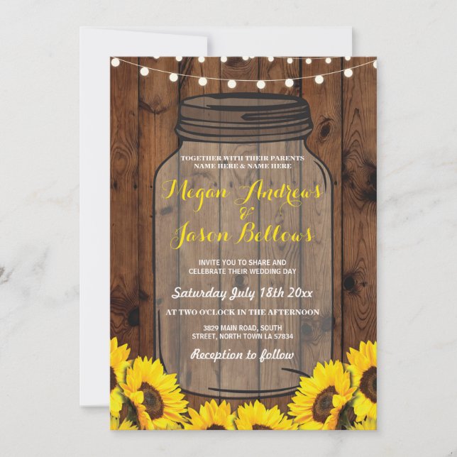 Rustic Wedding Day Jar Wood Sunflowers Invitation (Front)