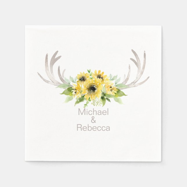Rustic Wedding Deer Antlers Sunflowers Monogram Napkin (Front)