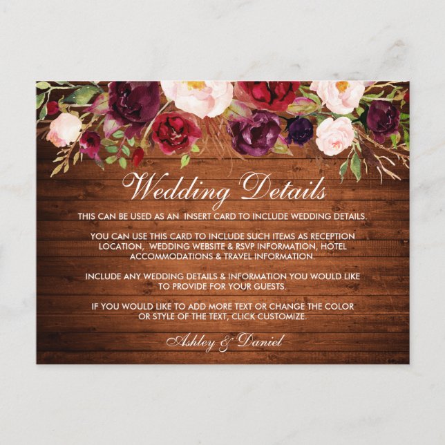 Rustic Wedding Details Burgundy Floral Wood Card (Front)